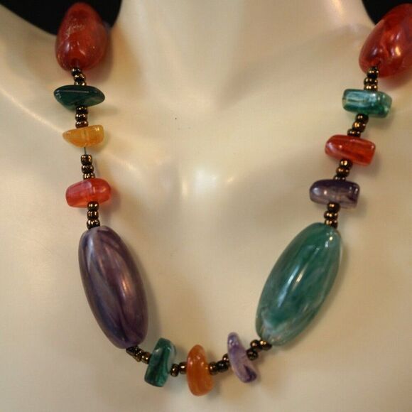 Choker Necklace Polished Multi Colored Gemstone Beads 15 Inch Long - Picture 3 of 7